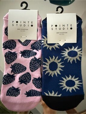 2 pair Pointe Studio barre grip socks pink w/strawberries & navy w/sun